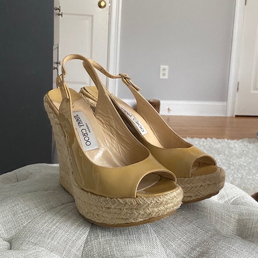 JIMMY CHOO Patent Leather Wedge Sandal with Strap